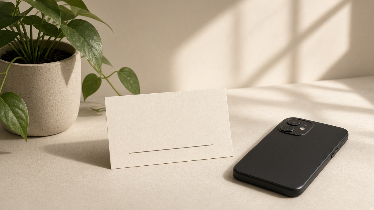 Cream card suggesting a custom website field next to a phone on a sunlit desk