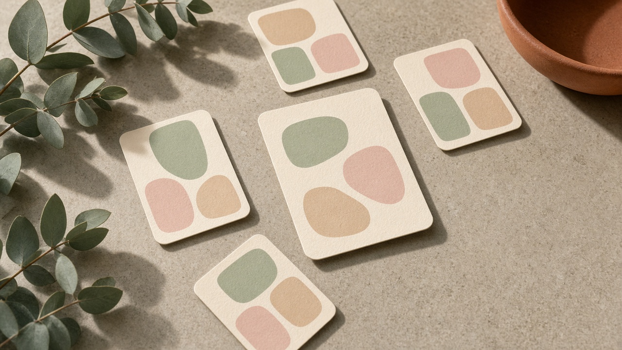 Scattered abstract mobile layout cards on a cream desk representing competing bio tools