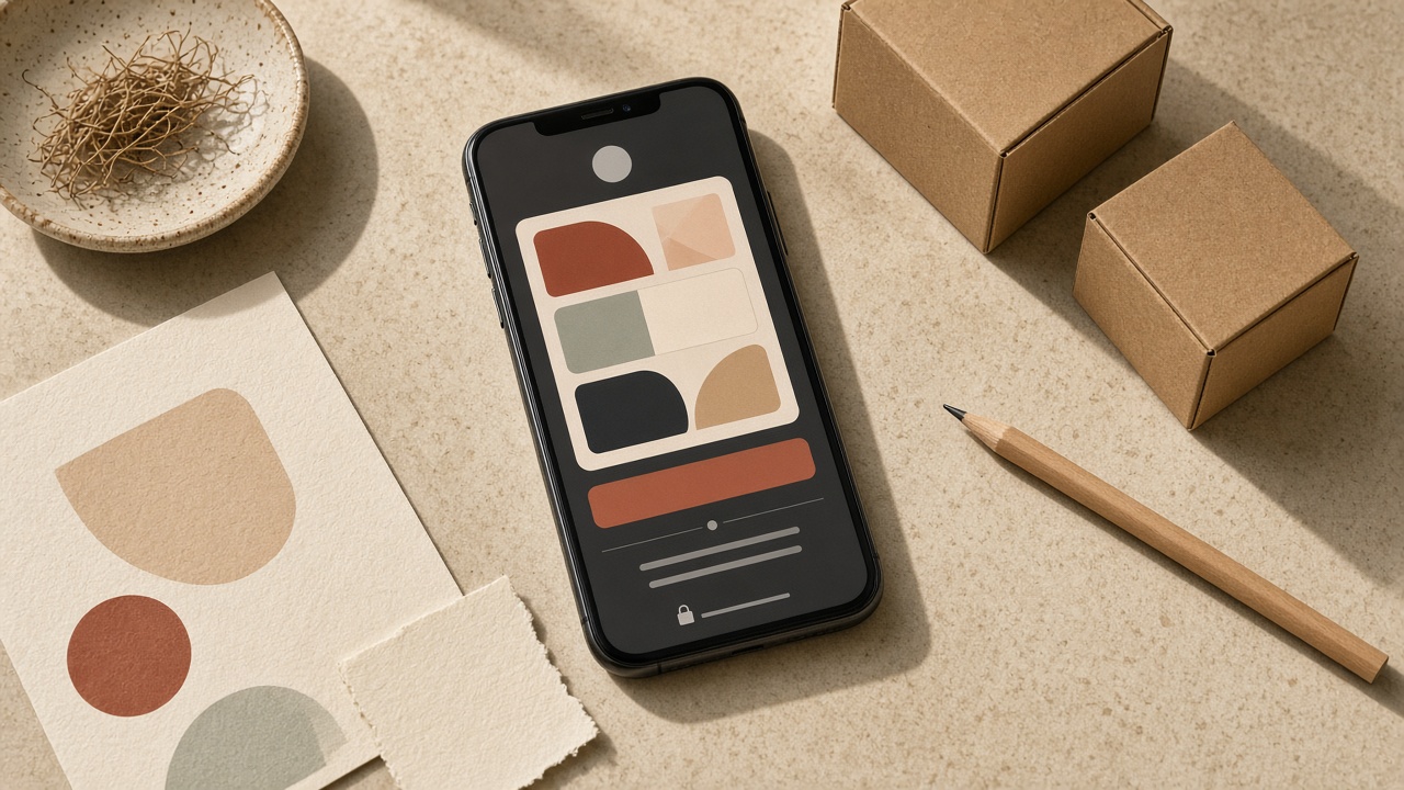 Checkout on a phone beside small packaged goods, showing link in bio tools for selling products online