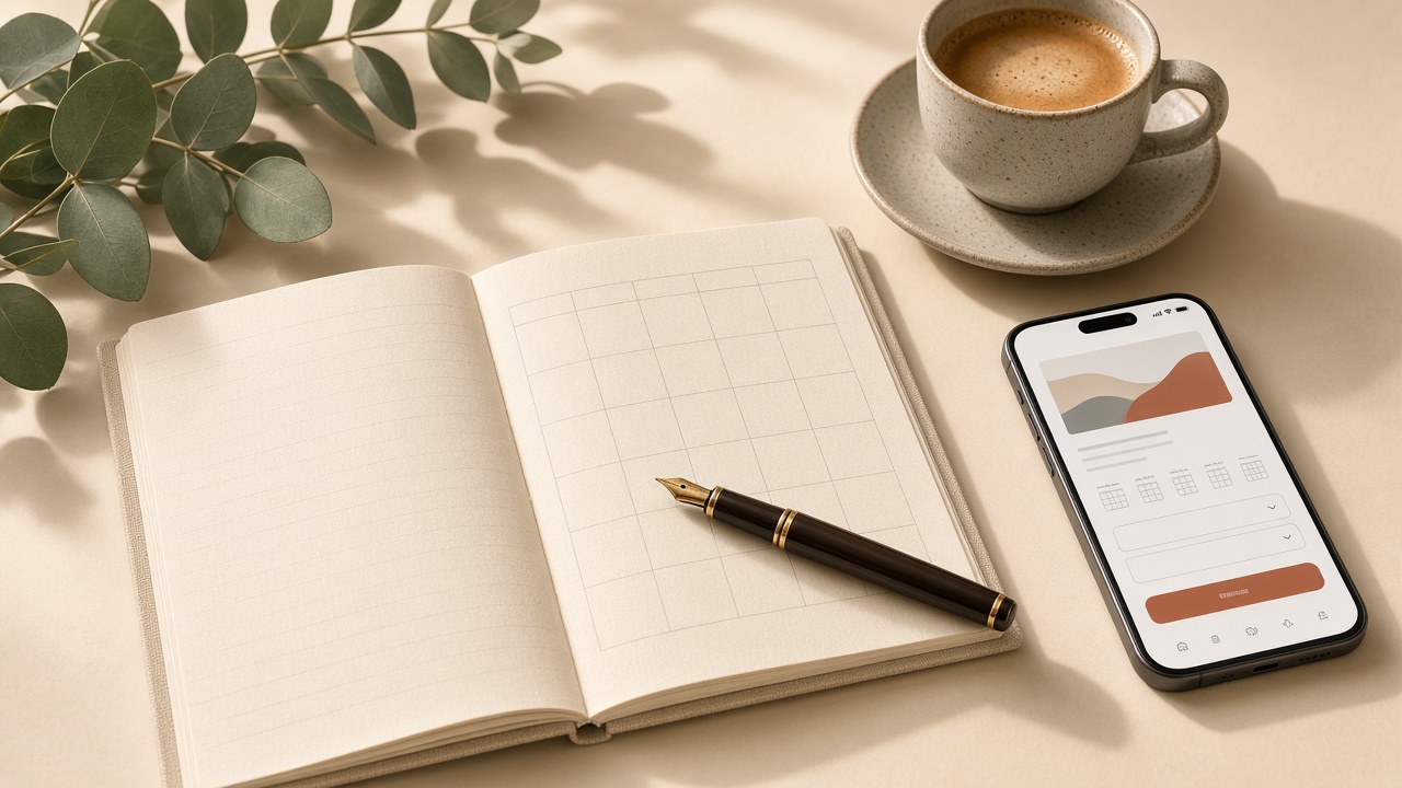 Open notebook calendar, pen, coffee and a phone showing an abstract booking page