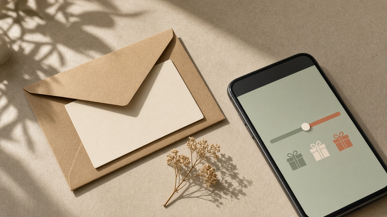 Cream gift card in a kraft envelope beside a phone on a sunlit desk