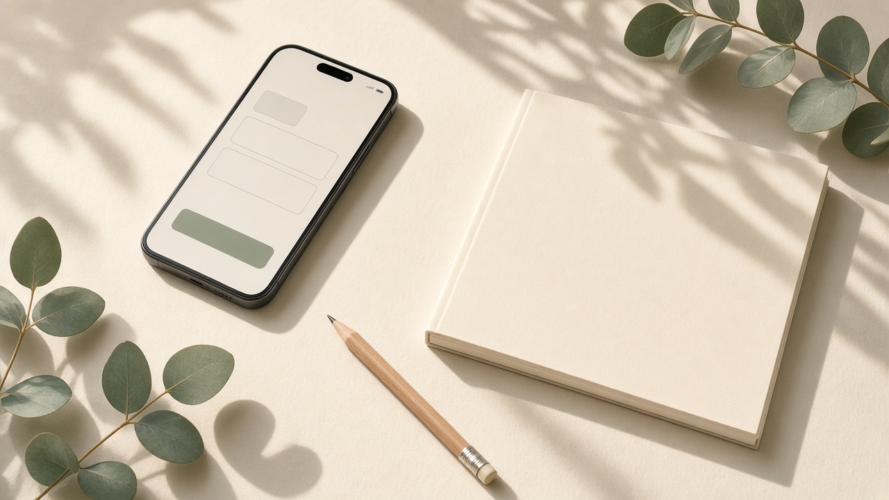 Phone showing an abstract signup form next to a blank lead-magnet booklet