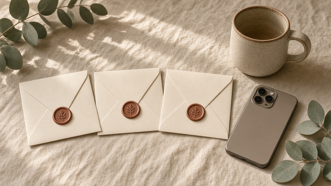 Three cream envelopes in a row on a linen cloth beside a coffee cup