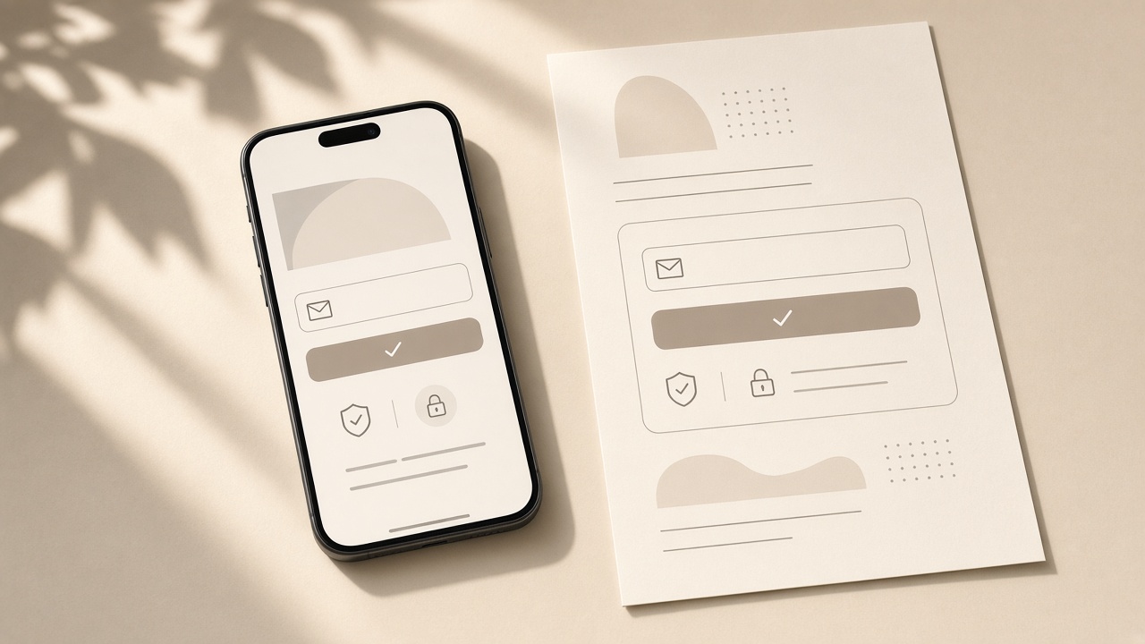 Signup form on a phone next to a simple lead magnet printout for growing an email list from a bio link