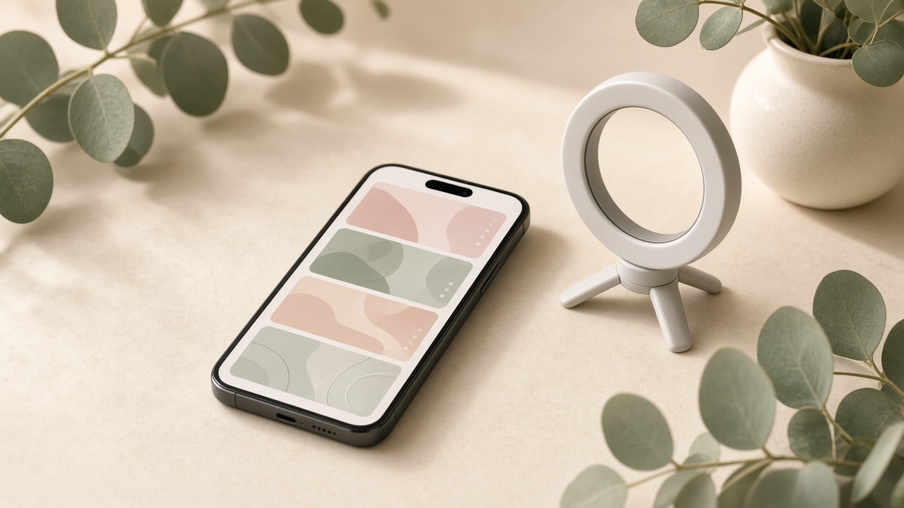 Phone showing abstract story frames next to a small ring light on a cream desk