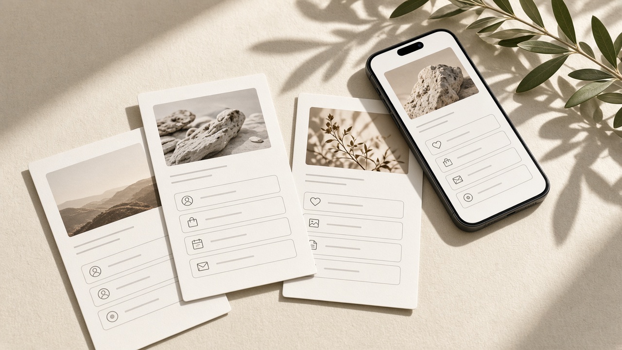 Several printed mobile frames of link in bio layouts representing Linktree alternatives in 2026