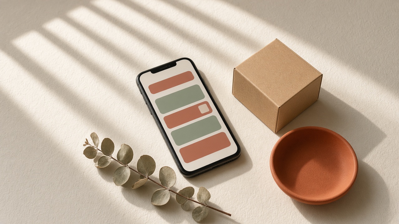 Phone showing an abstract checkout next to a small packaged order on a cream desk