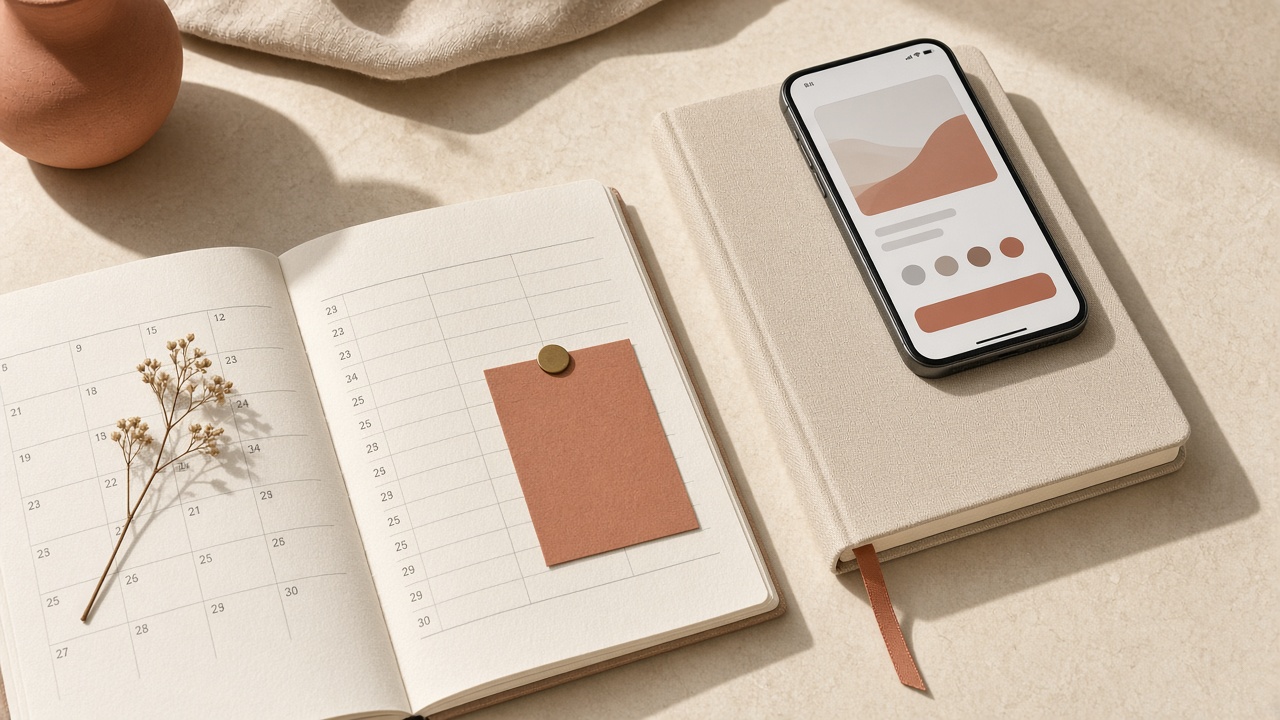 Calendar, notebook and phone showing a coaching booking page opened from an Instagram bio link