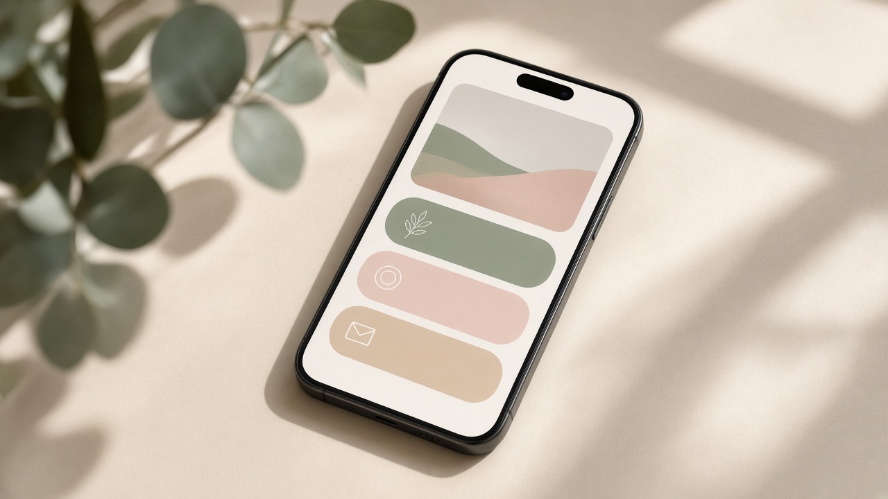 Smartphone showing an abstract in-app bio page with pill-shaped product buttons