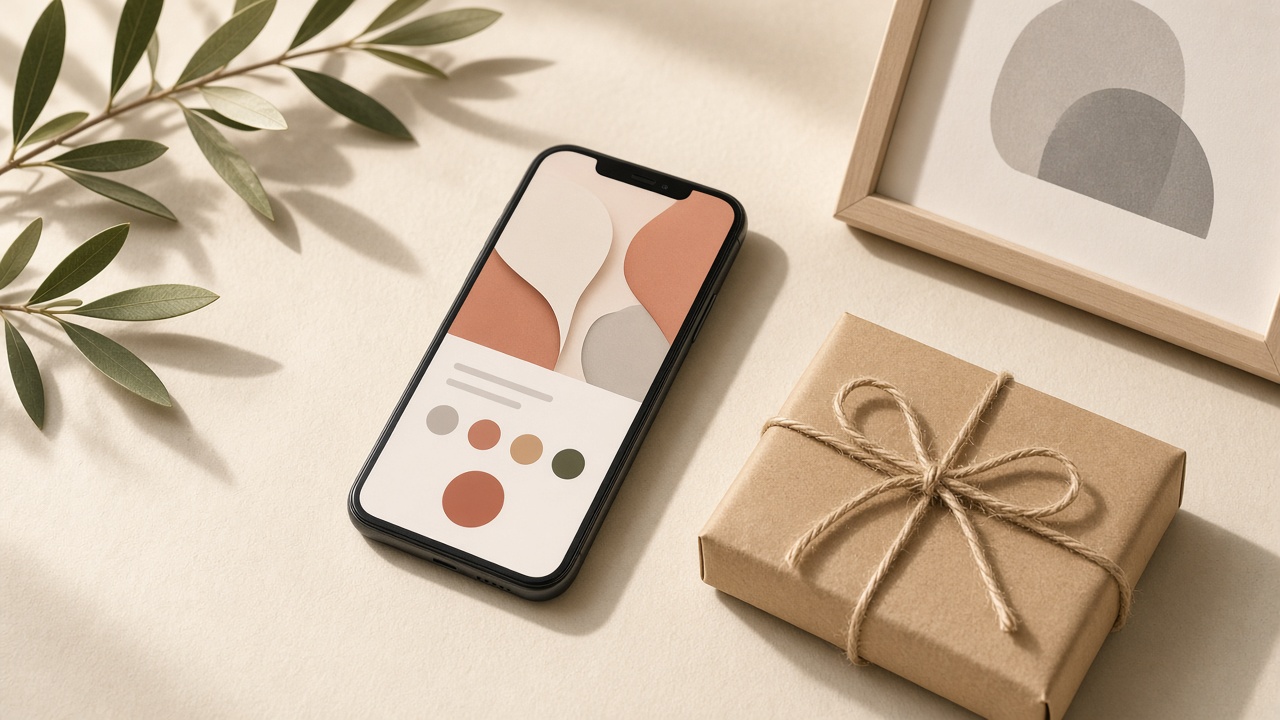 Phone checkout beside a small wrapped parcel and a print on a cream desk