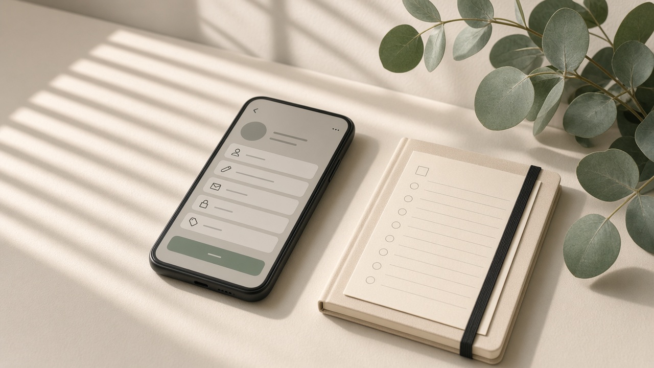 Smartphone on a cream desk showing abstract profile settings next to a notebook